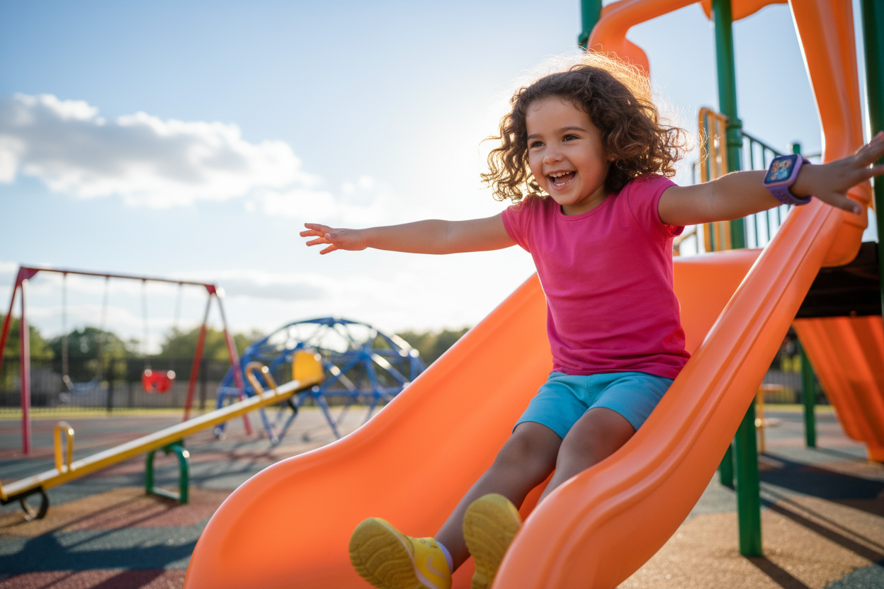En liten söt flicka på ca 5 år som har på sig den här smartwatchen som leker i en lekpark
