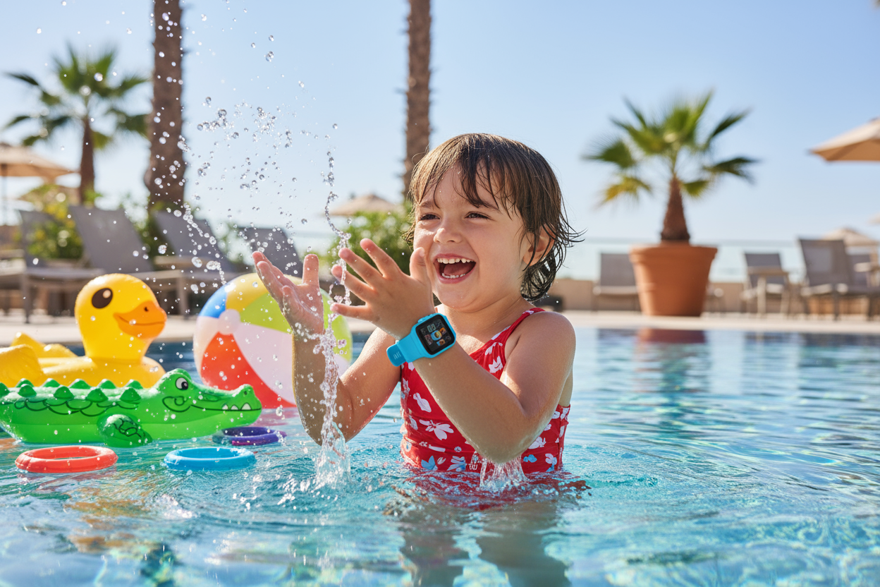Gör en till bild på ett gulligt barn som leker i en pool med smartwatch