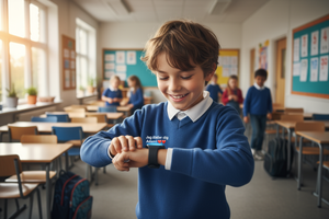 En bild på en pojke ca 10 år som kollar ner på smartwatch och ser texten "Jag älskar dig Adam!" med några hjärta efter texten, Pojken får vara i en typ av skolmiljö