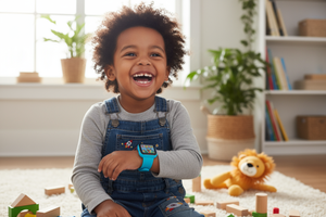 en söt mörkhyad barn som har på sig smartwatchen 