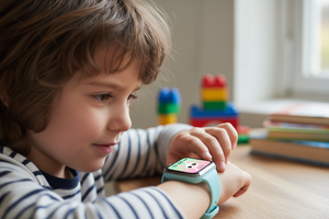 Ett barn ca 8 år som har på sig en ljusblå smartwatch som tittar på sin smartwatch. Backgrundsbilden i smartwatchen ska vara en söt kanin. 