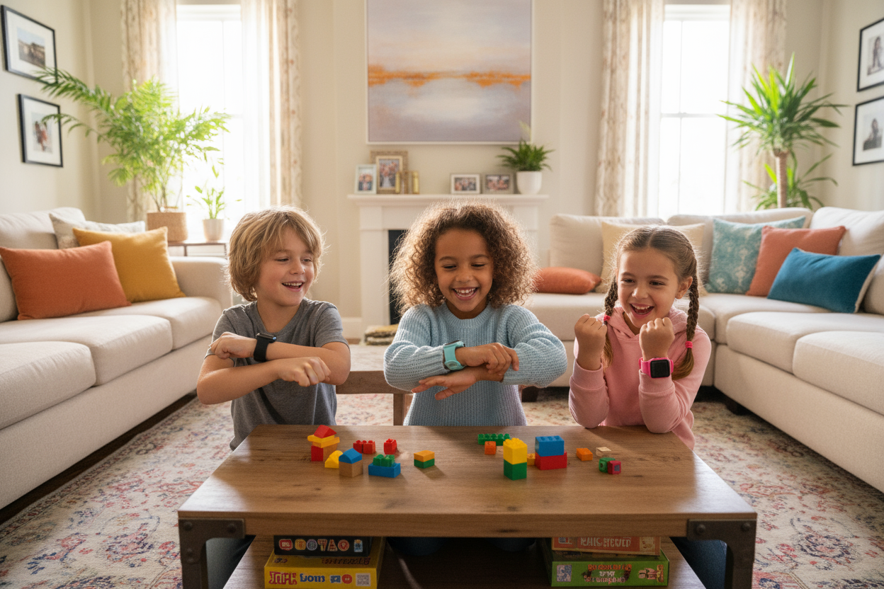 Gör en till med 3 ungar som har på sig en svart, en ljusblå och en rosa smartwatch hemma. Glada