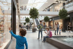 Gör om en till bild där flera barn i olika åldrar har på sig smartwatch i ett köpcentrumtill exempel